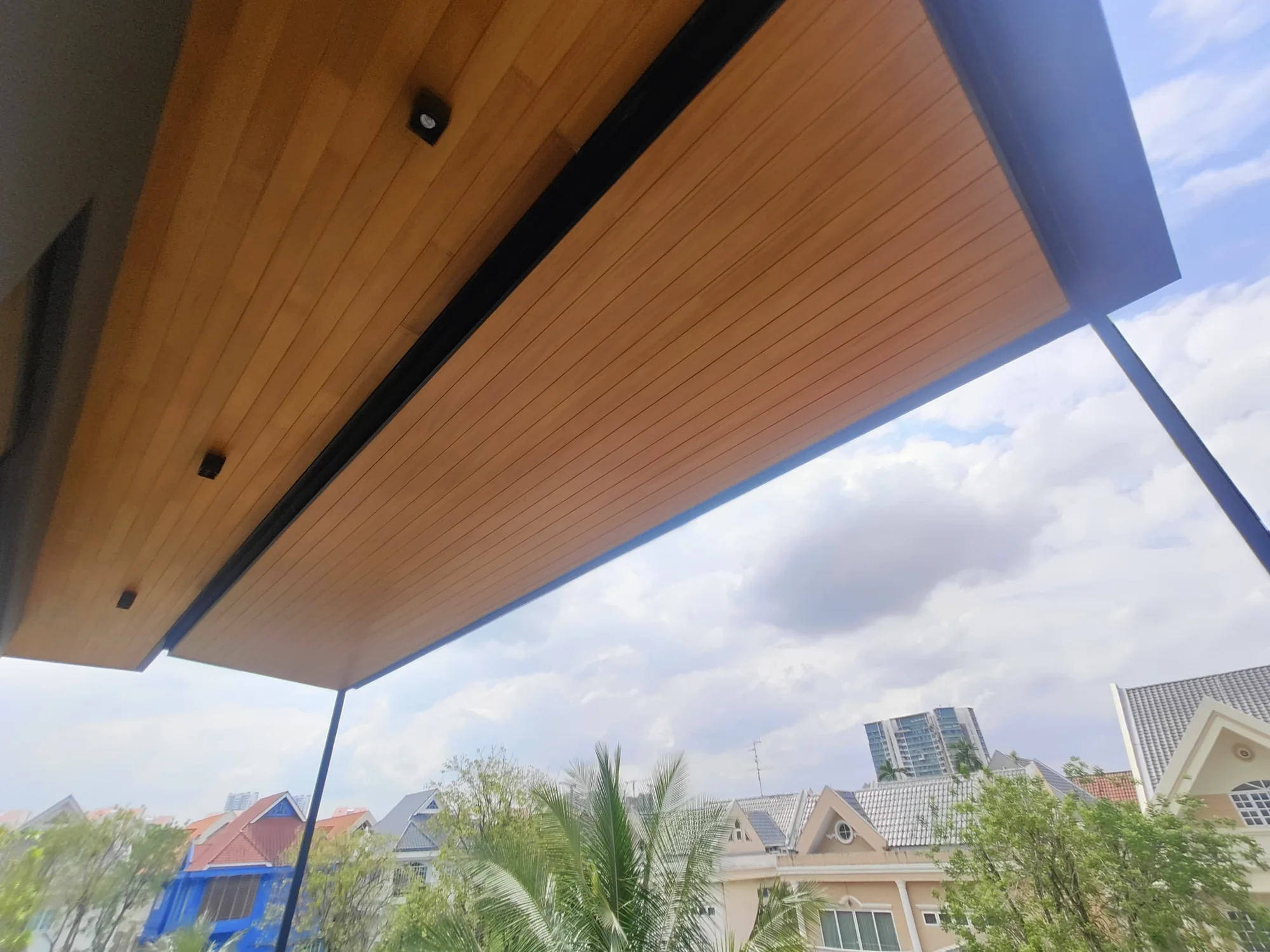 Looking up the span, aluminium composite panel roofing installed by Exterior Design in Singapore